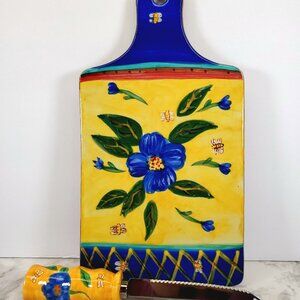 Hand-Painted Ceramic Cutting Board & Cheese Knife Set Linda Raffell